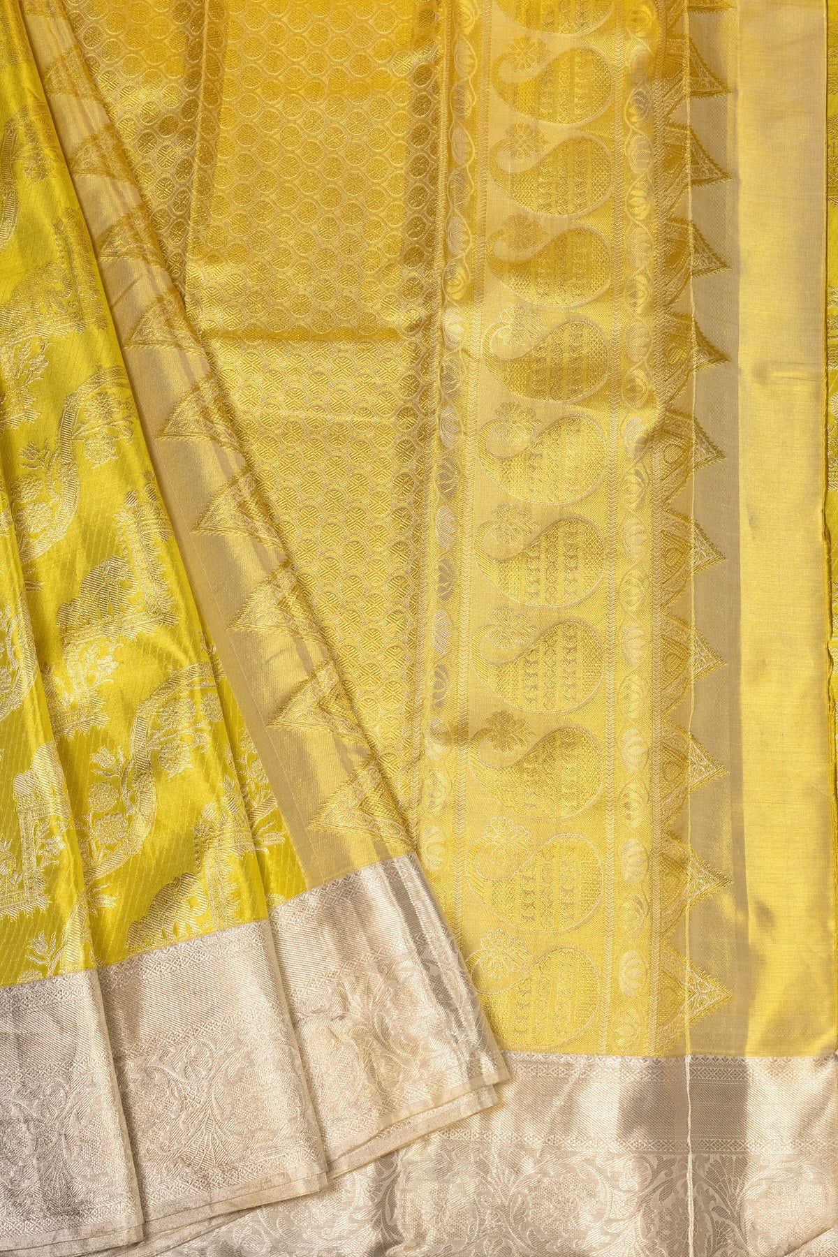 Lime Green Kanjeevaram Silk Saree with Handwoven Silver Zari - swadeshsouq.com