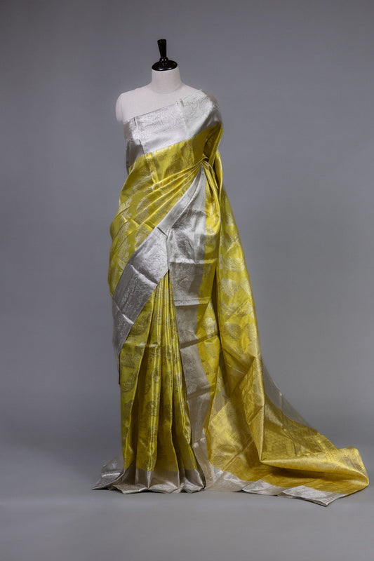 Lime Green Kanjeevaram Silk Saree with Handwoven Silver Zari - swadeshsouq.com