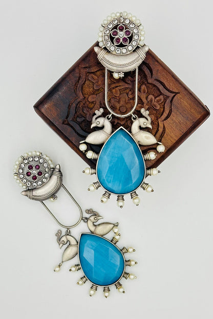 Long Blue Stone Silver Earrings - swadeshsouq.com