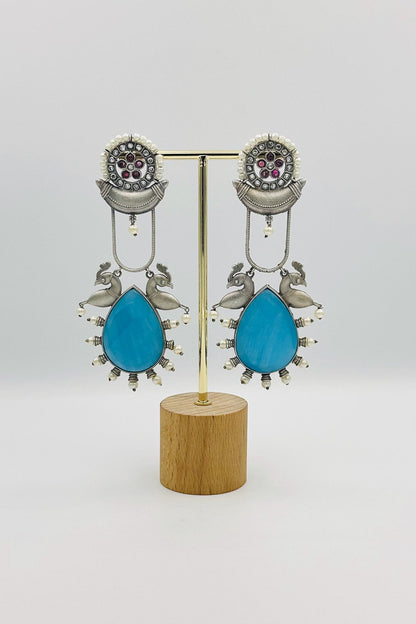 Long Blue Stone Silver Earrings - swadeshsouq.com