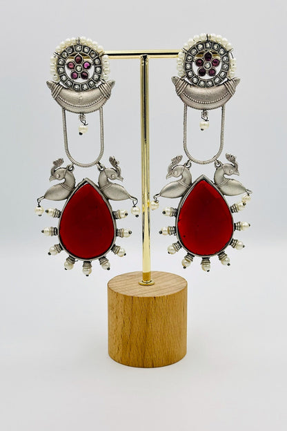 Long Deep Red Stone Silver Earrings - swadeshsouq.com