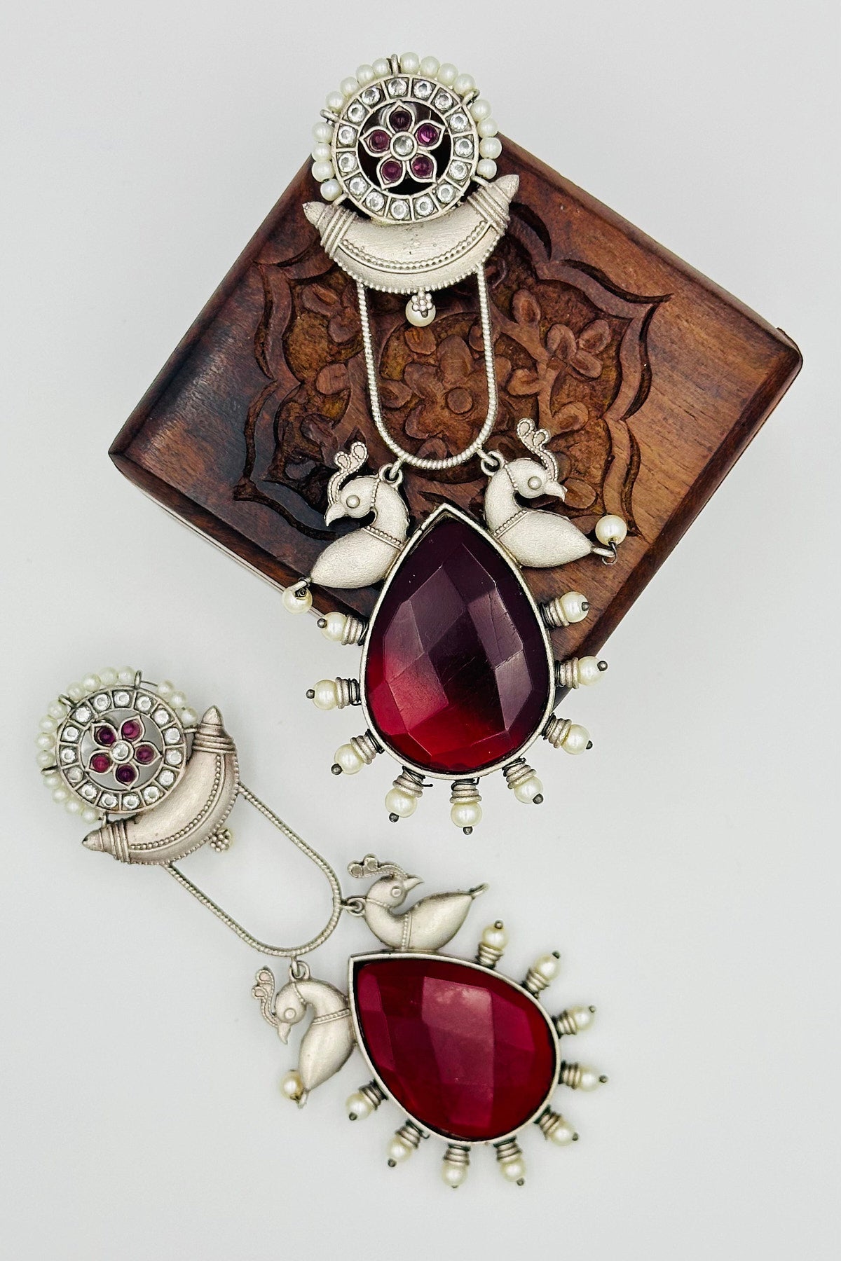 Long Deep Red Stone Silver Earrings - swadeshsouq.com