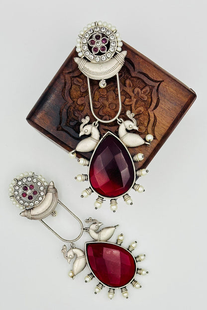 Long Deep Red Stone Silver Earrings - swadeshsouq.com