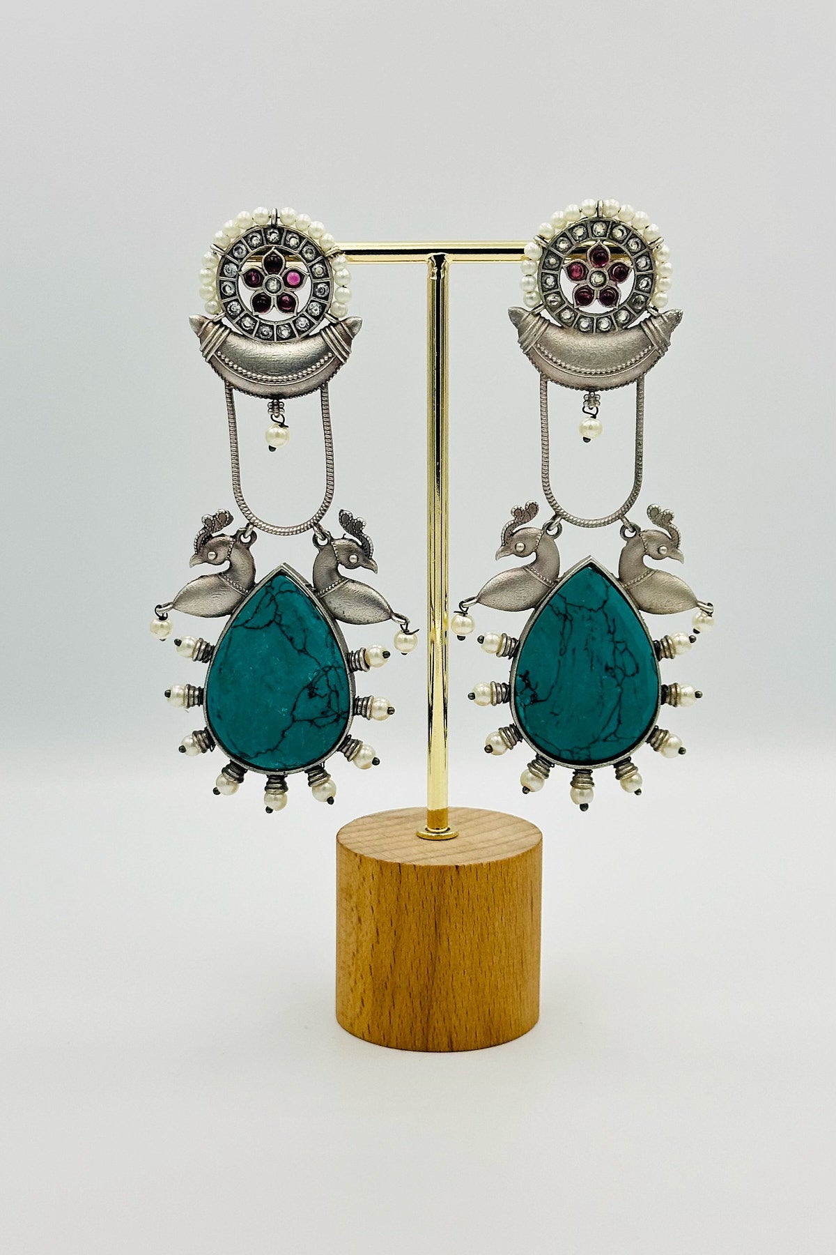 Long Feroza Stone-Adorned Silver Earrings - swadeshsouq.com