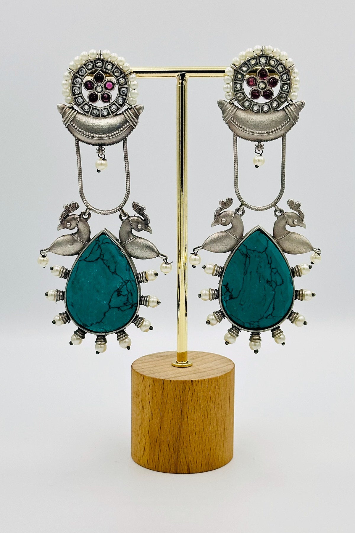 Long Feroza Stone-Adorned Silver Earrings - swadeshsouq.com