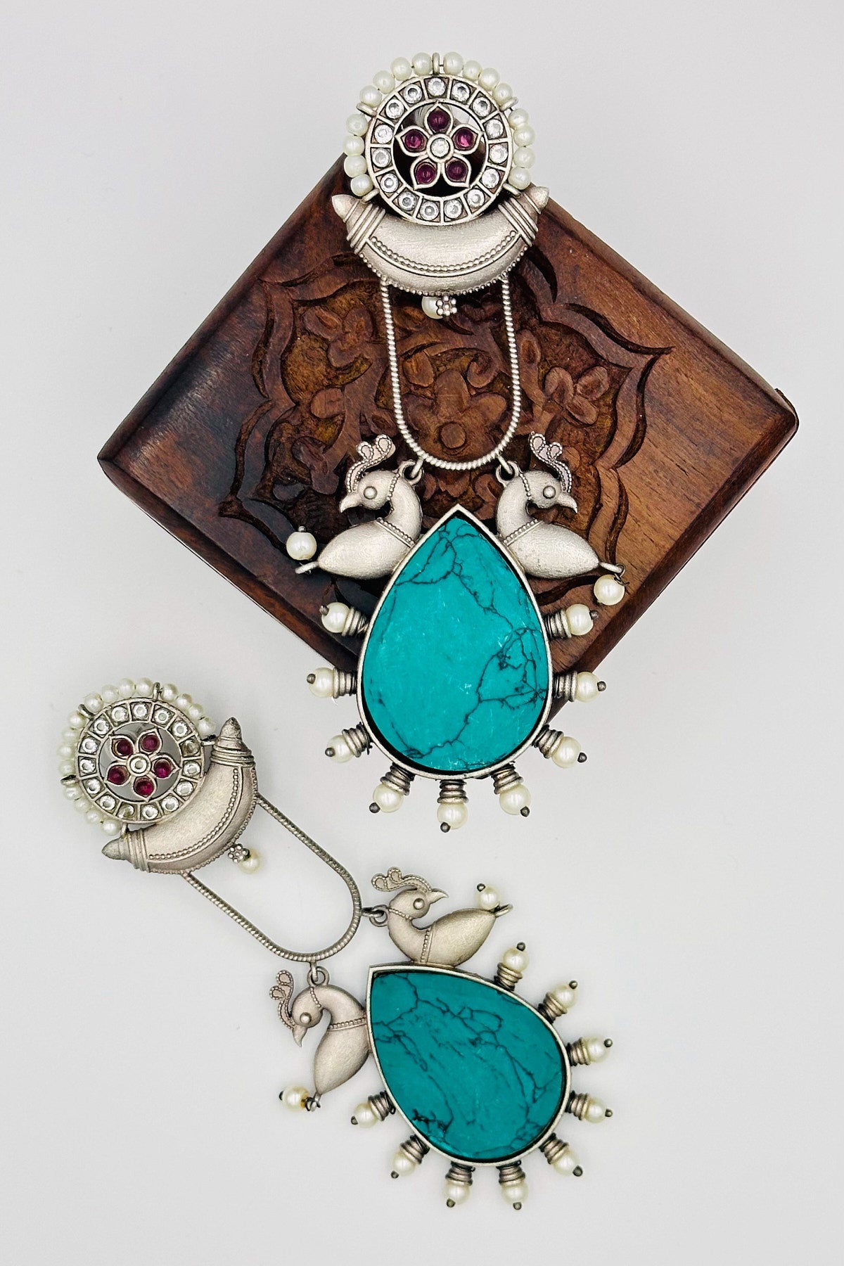 Long Feroza Stone-Adorned Silver Earrings - swadeshsouq.com