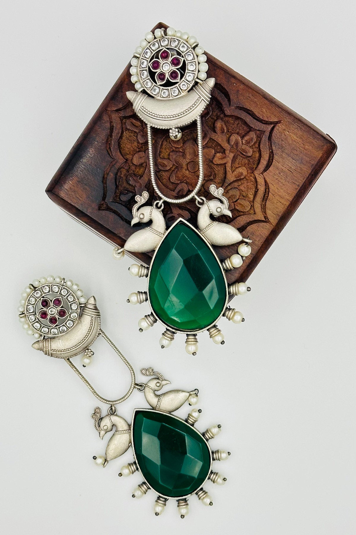 Long Green Stone Silver Earrings - swadeshsouq.com