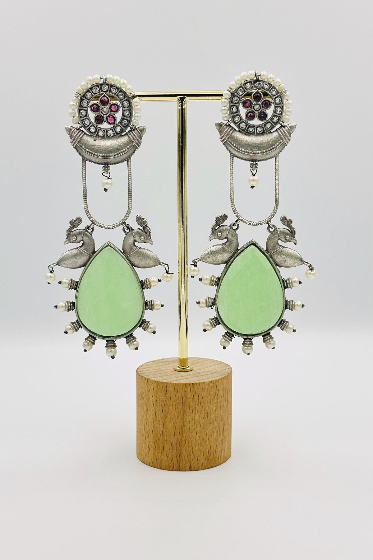 Long Mint Green Stone Silver Earrings - swadeshsouq.com