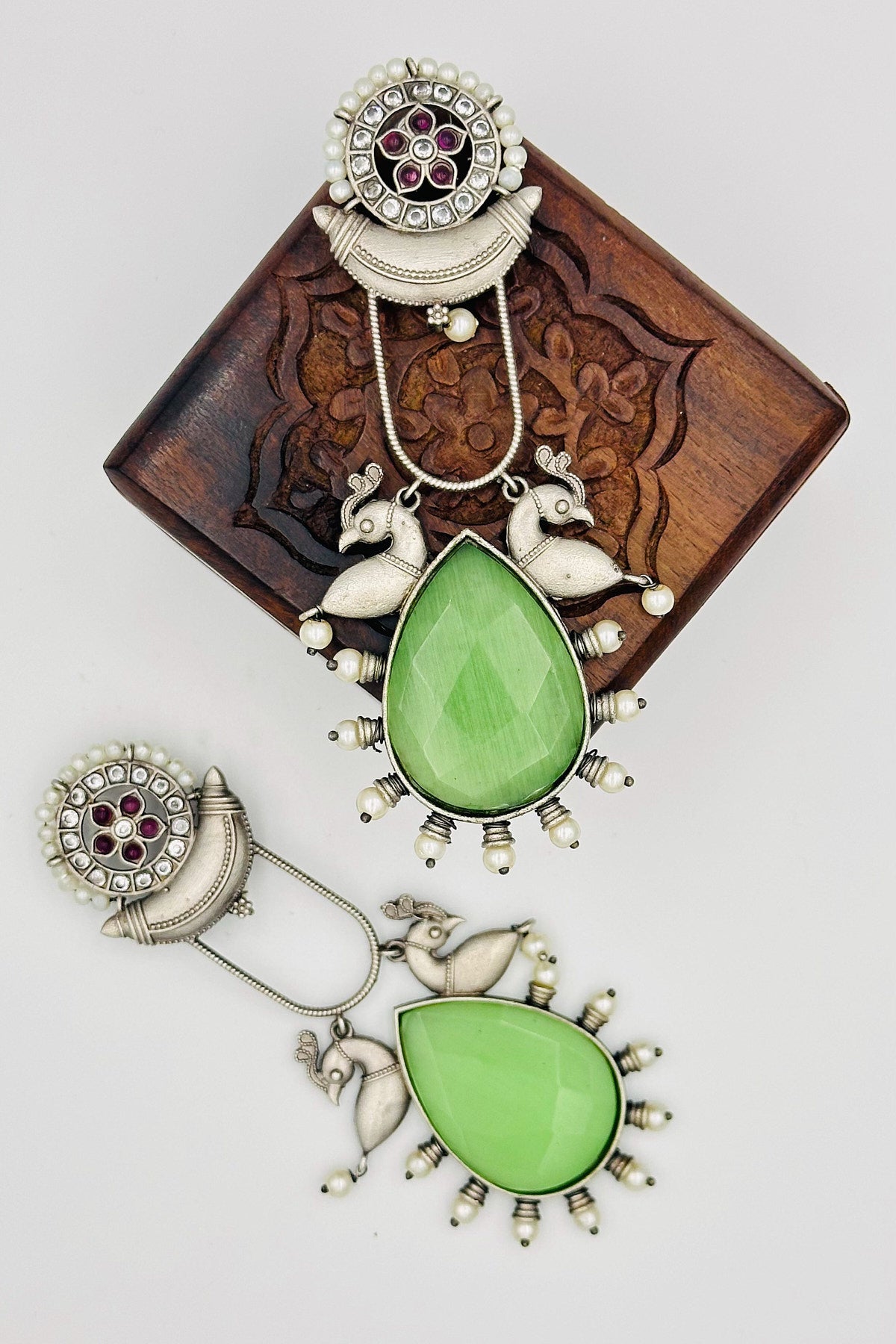 Long Mint Green Stone Silver Earrings - swadeshsouq.com