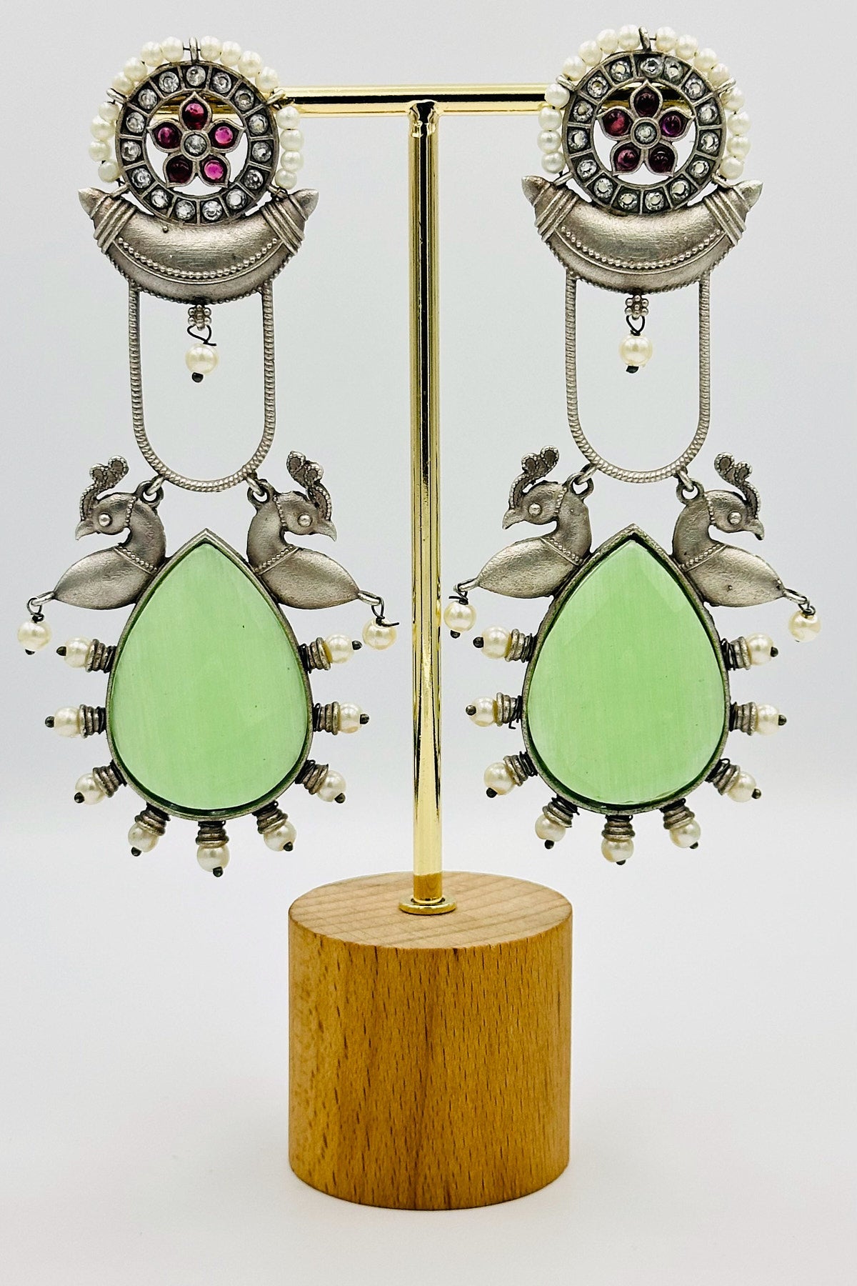 Long Mint Green Stone Silver Earrings - swadeshsouq.com