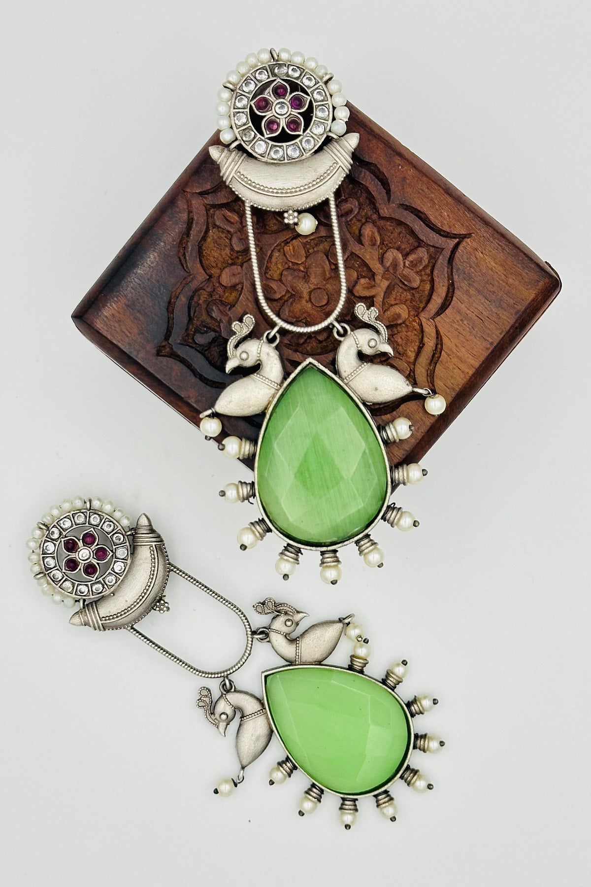 Long Mint Green Stone Silver Earrings - swadeshsouq.com