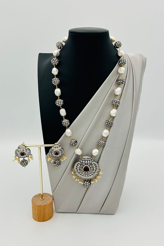 Long Necklace Set with Premium AD Stones and Sea Pearls - swadeshsouq.com