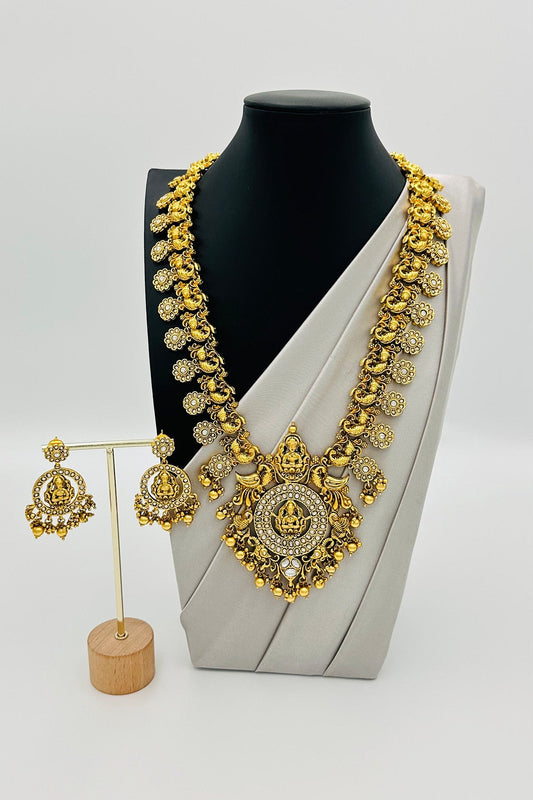 Long Necklace with Lakshmi Pendant and Lustrous Pearls - swadeshsouq.com