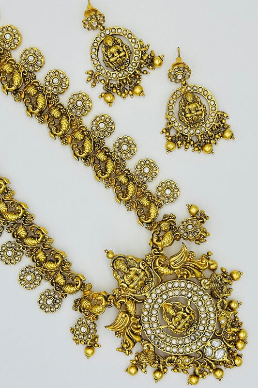 Long Necklace with Lakshmi Pendant and Lustrous Pearls - swadeshsouq.com