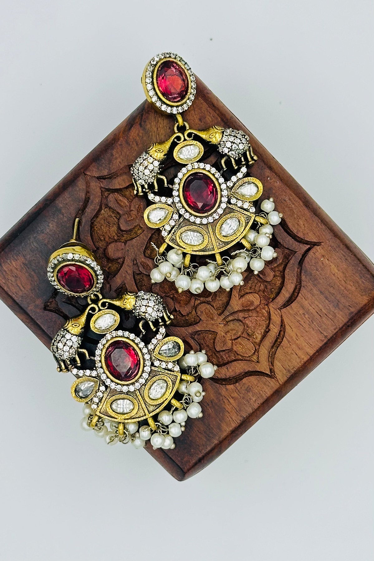 Long Pearl Necklace with AD & Ruby Pendant Grandeur - swadeshsouq.com