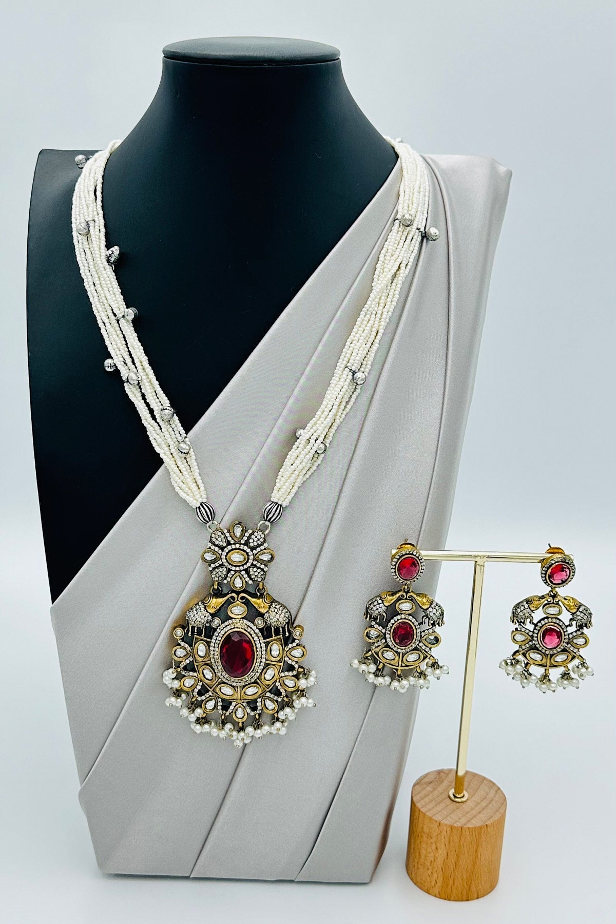 Long Pearl Necklace with AD & Ruby Pendant Grandeur - swadeshsouq.com