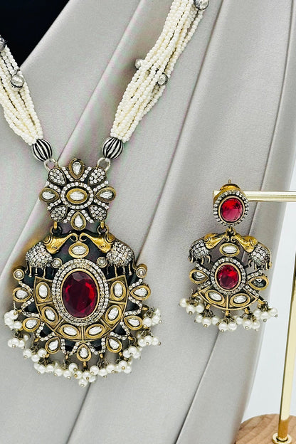 Long Pearl Necklace with AD & Ruby Pendant Grandeur - swadeshsouq.com