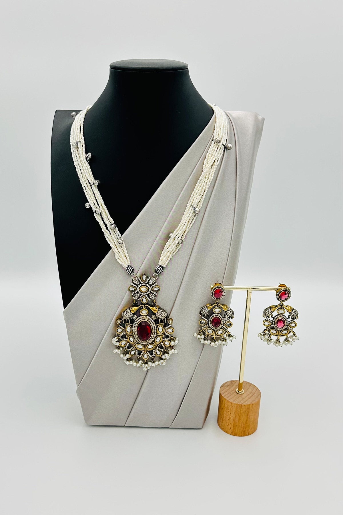 Long Pearl Necklace with AD & Ruby Pendant Grandeur - swadeshsouq.com