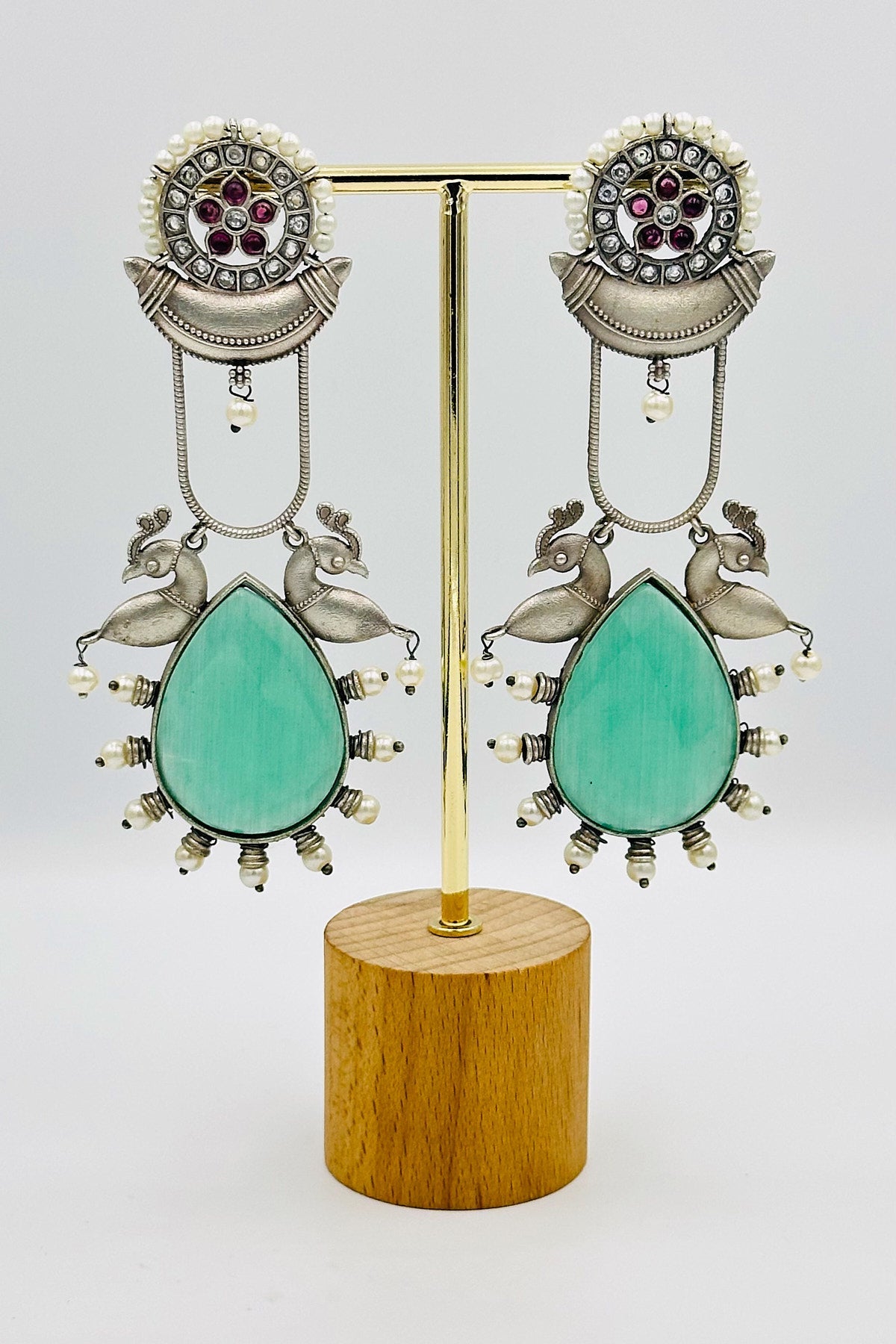 Long Silver Earrings with Intricate Design With Turquoise Blue stone - swadeshsouq.com