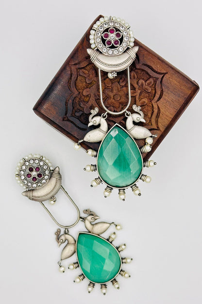 Long Silver Earrings with Intricate Design With Turquoise Blue stone - swadeshsouq.com