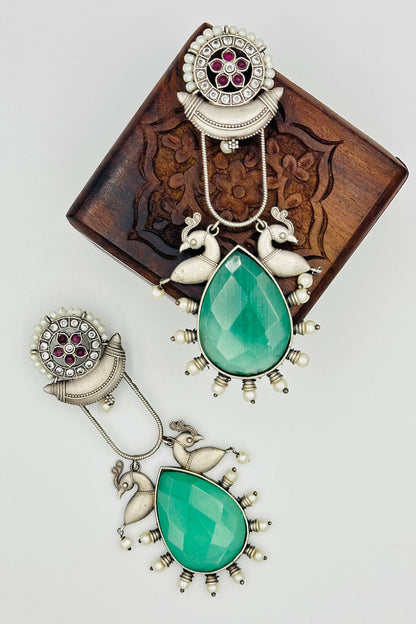 Long Silver Earrings with Intricate Design With Turquoise Blue stone - swadeshsouq.com