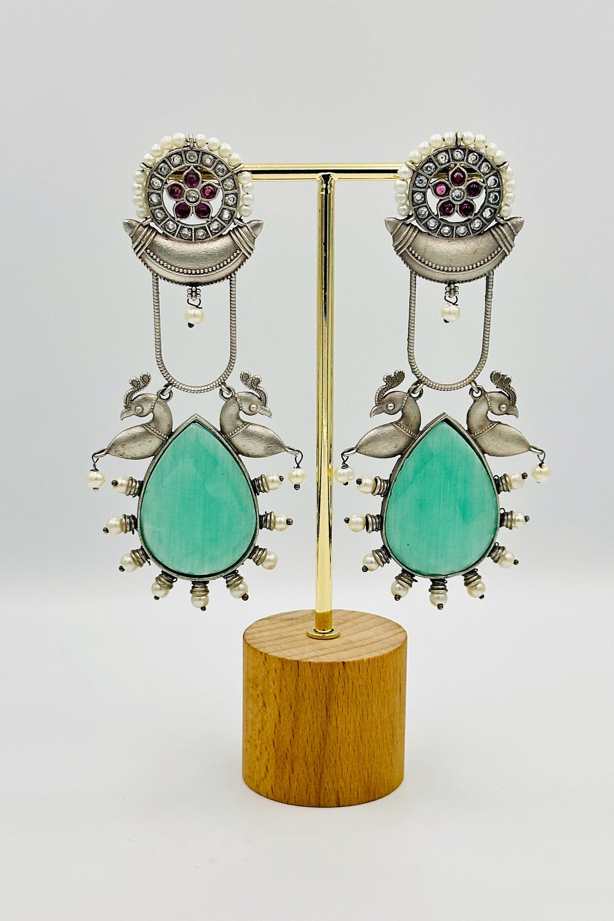 Long Silver Earrings with Intricate Design With Turquoise Blue stone - swadeshsouq.com