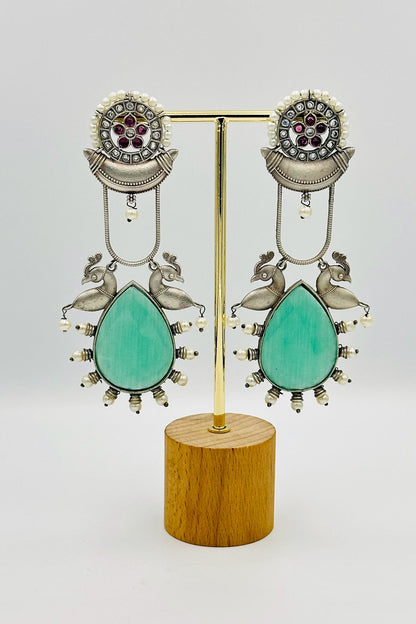 Long Silver Earrings with Intricate Design With Turquoise Blue stone - swadeshsouq.com