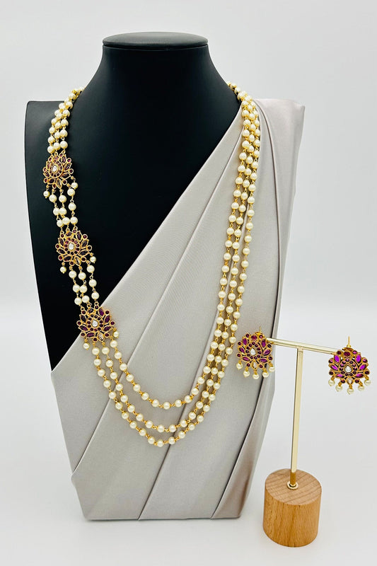 Lotus Luminescence: Pearl Necklace Set with Ruby-Embossed Pendants - swadeshsouq.com