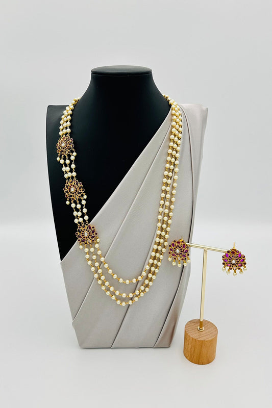 Lotus Luminescence: Pearl Necklace Set with Ruby-Embossed Pendants - swadeshsouq.com