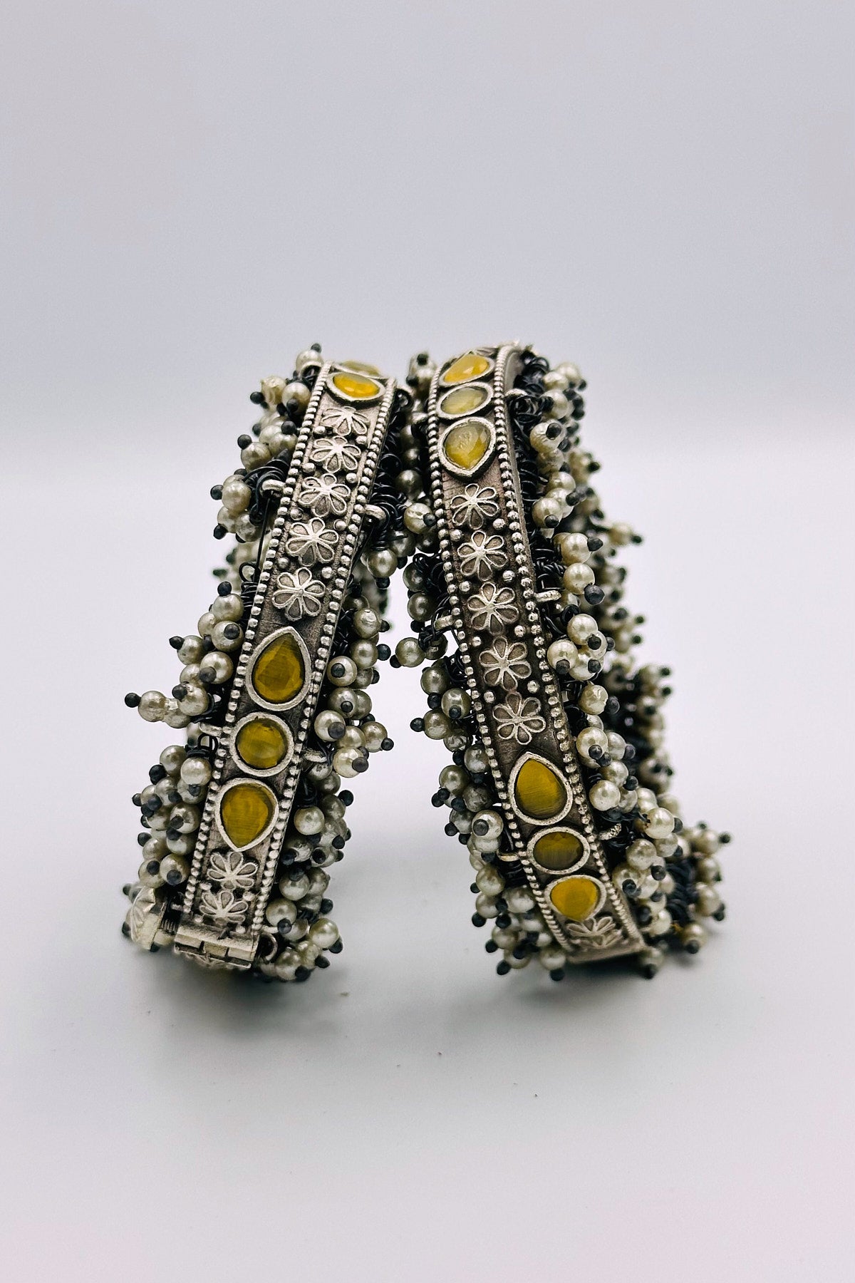 Luminous Yellow Stone Silver Bangles with Pearl Accents - swadeshsouq.com