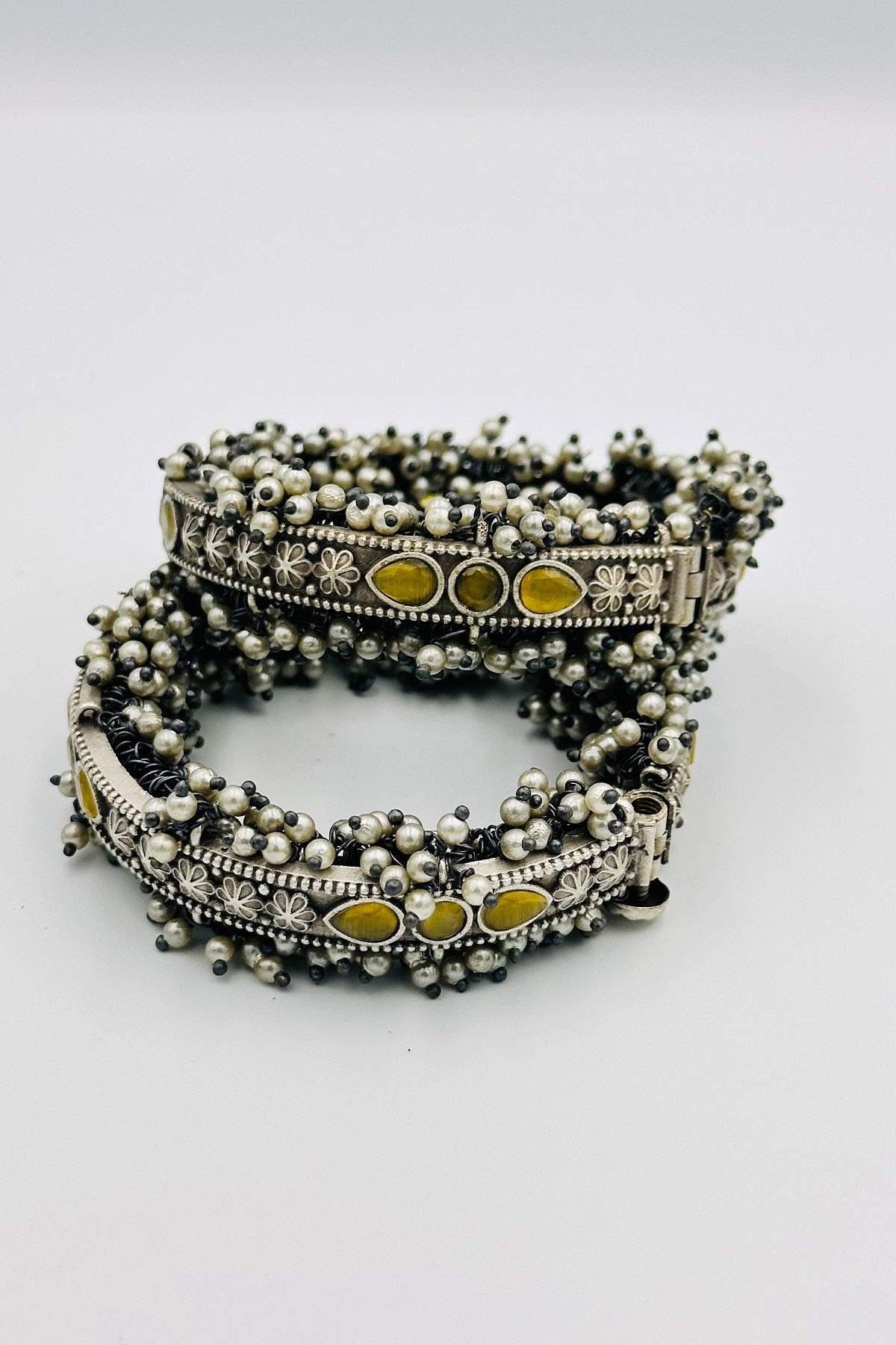 Luminous Yellow Stone Silver Bangles with Pearl Accents - swadeshsouq.com