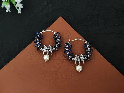 Lustrous Glamour: Oxidised Silver Earrings with Stones and Pearls. - swadeshsouq.com