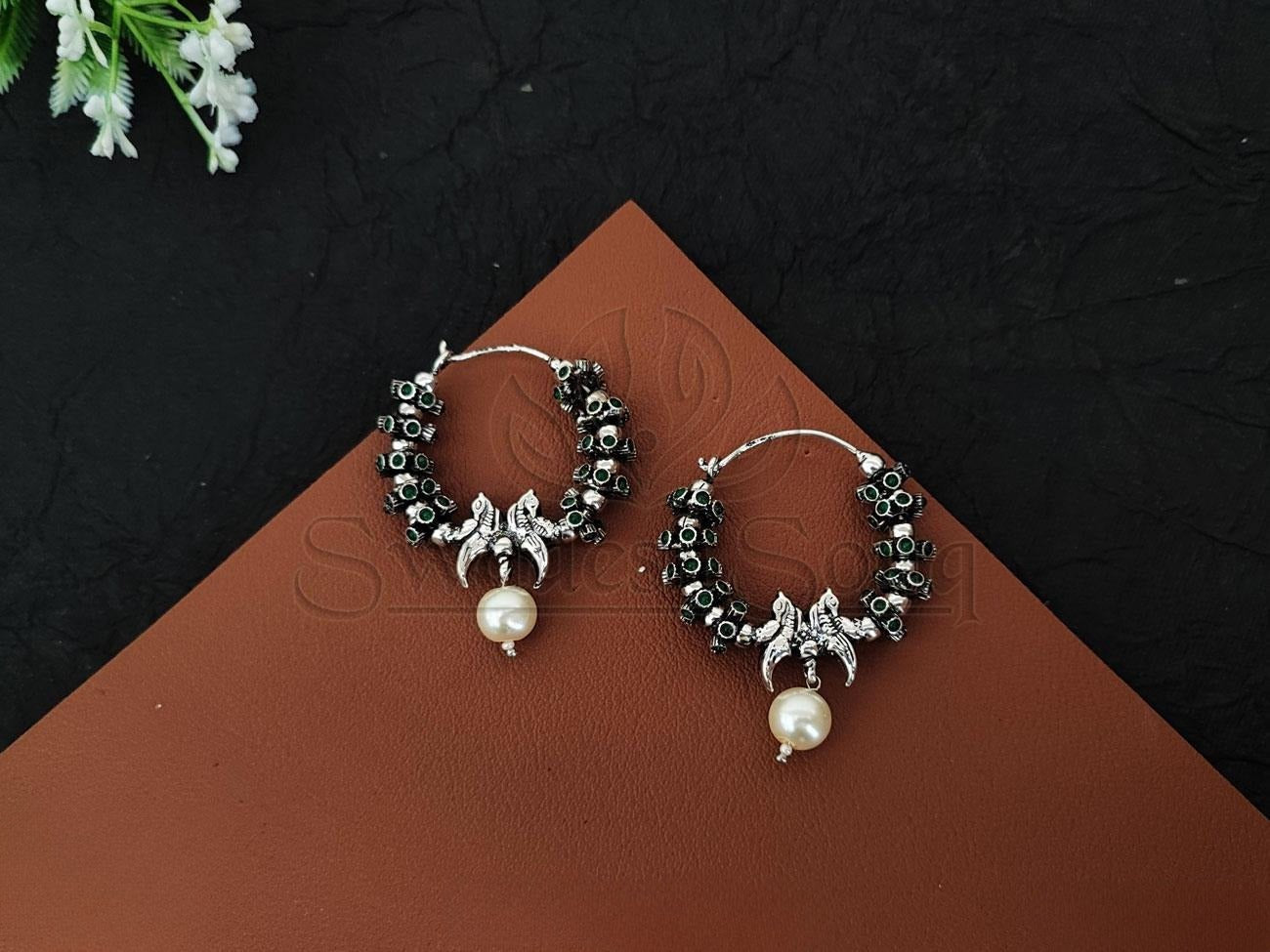 Lustrous Glamour: Oxidised Silver Earrings with Stones and Pearls. - swadeshsouq.com