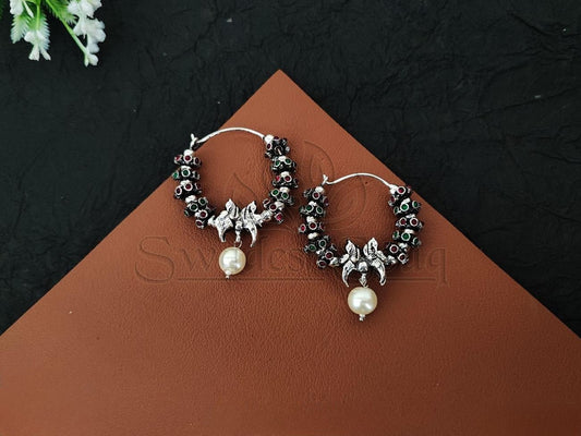 Lustrous Glamour: Oxidised Silver Earrings with Stones and Pearls. - swadeshsouq.com