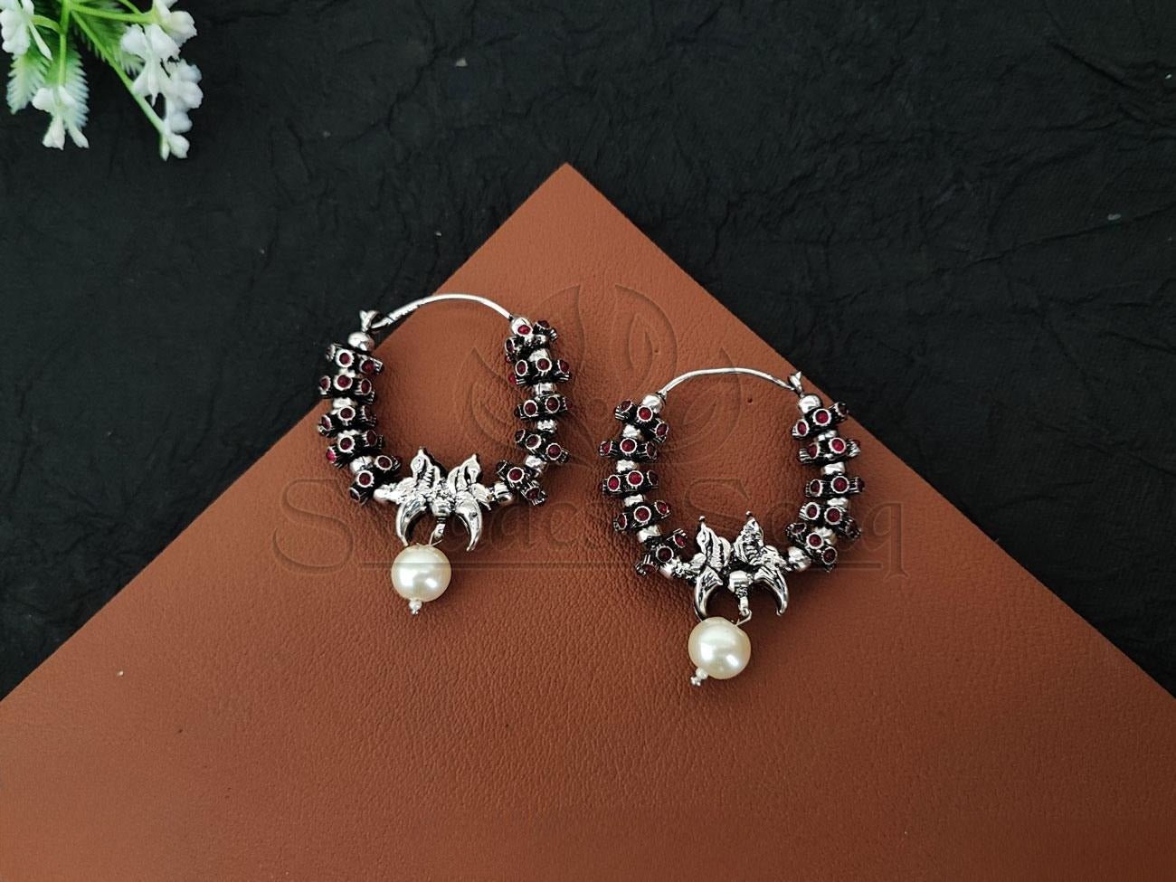 Lustrous Glamour: Oxidised Silver Earrings with Stones and Pearls. - swadeshsouq.com