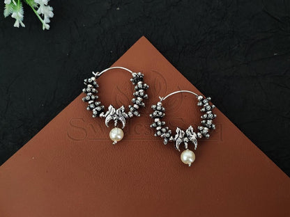 Lustrous Glamour: Oxidised Silver Earrings with Stones and Pearls. - swadeshsouq.com