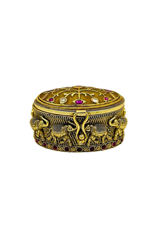 Lustrous Yellow Stone Kumkum Box Adorned with Nagas and Filigree - swadeshsouq.com