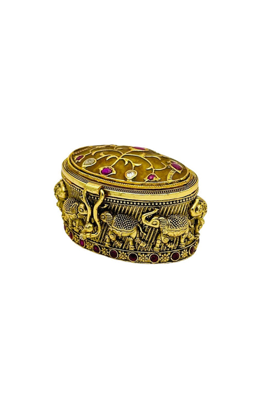 Lustrous Yellow Stone Kumkum Box Adorned with Nagas and Filigree - swadeshsouq.com