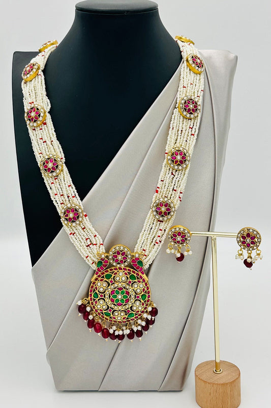 Majestic Elegance: Pearl & Bead Necklace with Jadau-Encrusted Brass Pendant - swadeshsouq.com