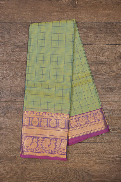 Majestic Fusion: Spanish Green and Purple Zari Checks Saree - swadeshsouq.com