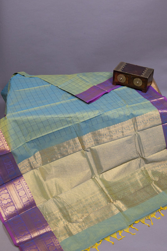 Majestic Fusion: Spanish Green and Purple Zari Checks Saree - swadeshsouq.com