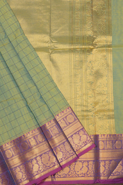 Majestic Fusion: Spanish Green and Purple Zari Checks Saree - swadeshsouq.com