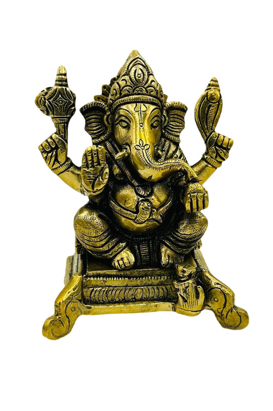 Majestic Ganesh Idol in Pure Brass with Naga Work and Antique Finish - swadeshsouq.com