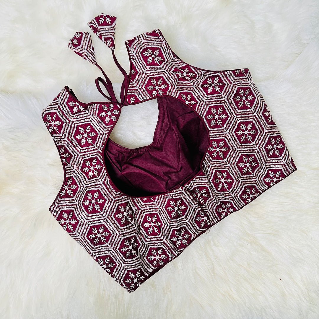 Majestic Maroon: Bright Raw Silk Blouse with Intricate Embroidery and Sequin Detailing. - swadeshsouq.com