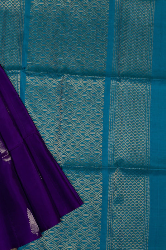 MAJESTIC MELANGE: DEEP PURPLE AND TURQUOISE BLUE KANJEEVARAM SILK SAREE - swadeshsouq.com