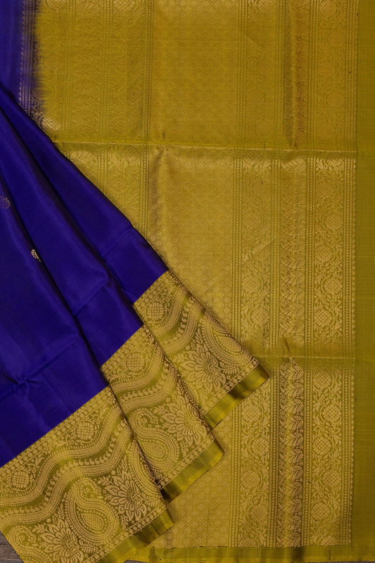 MAJESTIC SYMPHONY: ROYAL BLUE AND MUSTARD YELLOW KANJEEVARAM SILK SAREE - swadeshsouq.com