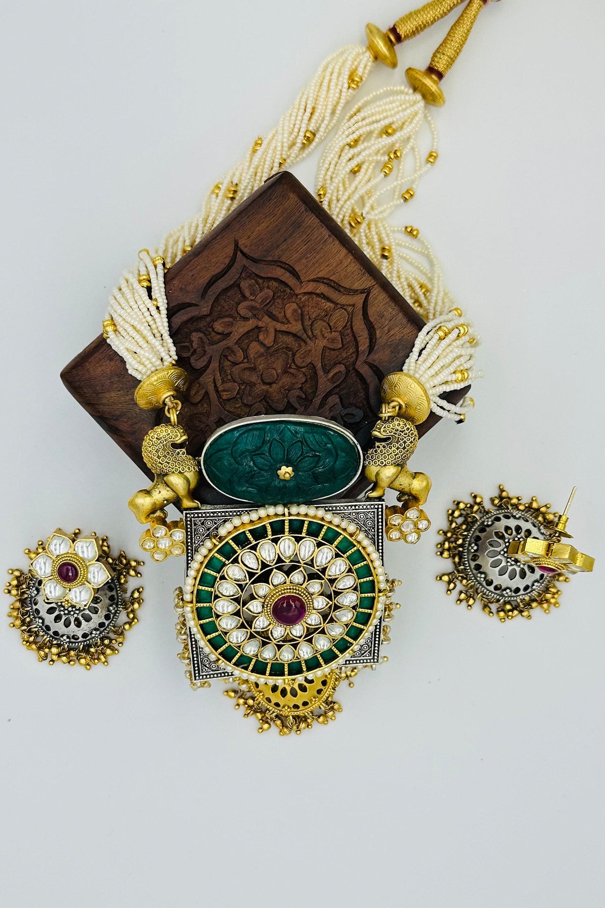 Majestic Vintage Lions and Pearl Strands Oxidised Silver Necklace Set with Jadau Stone and Kundans - swadeshsouq.com