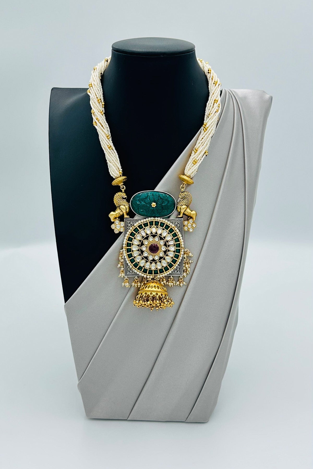 Majestic Vintage Lions and Pearl Strands Oxidised Silver Necklace Set with Jadau Stone and Kundans - swadeshsouq.com