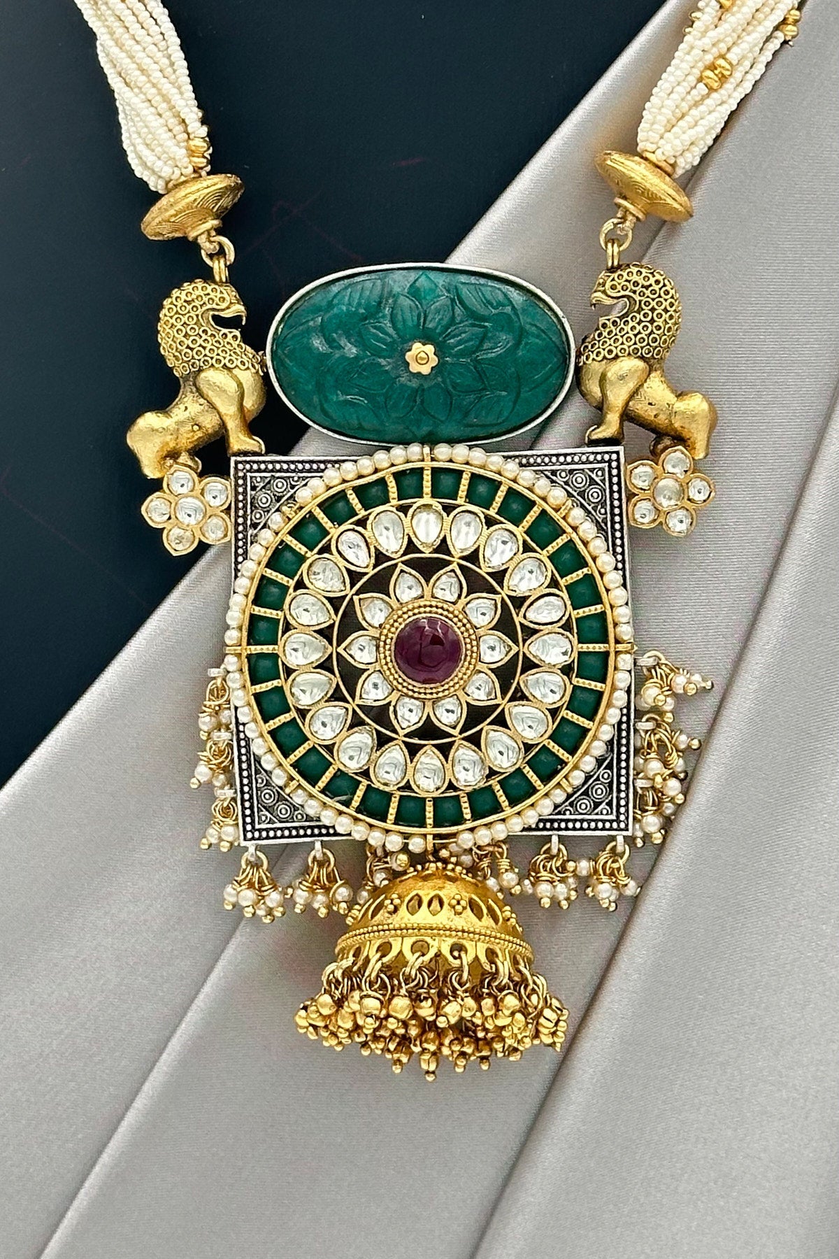 Majestic Vintage Lions and Pearl Strands Oxidised Silver Necklace Set with Jadau Stone and Kundans - swadeshsouq.com