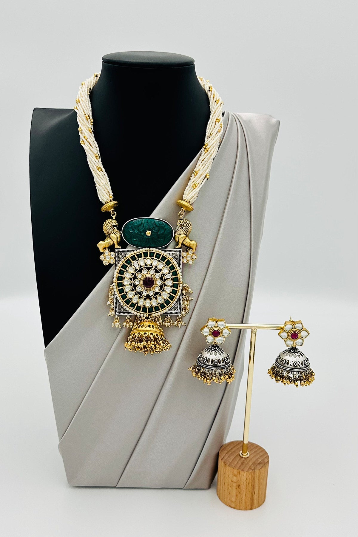 Majestic Vintage Lions and Pearl Strands Oxidised Silver Necklace Set with Jadau Stone and Kundans - swadeshsouq.com